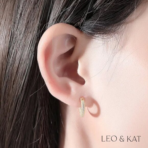 Elegant Pave Huggie Earrings in Gold & Silver. 925 Sterling Silver. #1004 - Picture 6 of 7